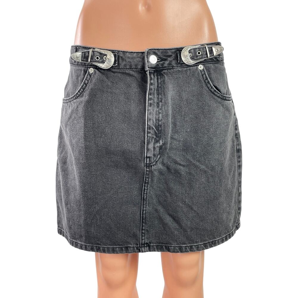 Topshop Women's Black Washed Buckle Mid Waist Straight Denim Jeans Skirt Size 10